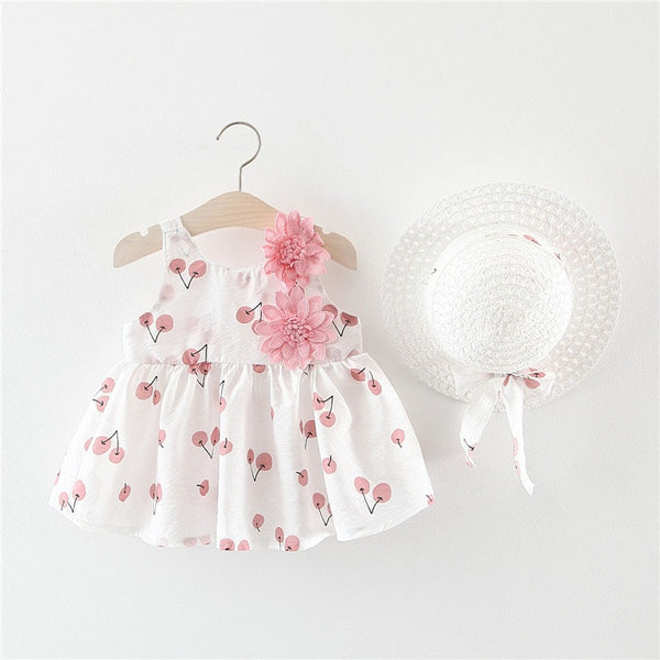 Floral Print Baby Girls Dress + Bow Hat 0-2 Years