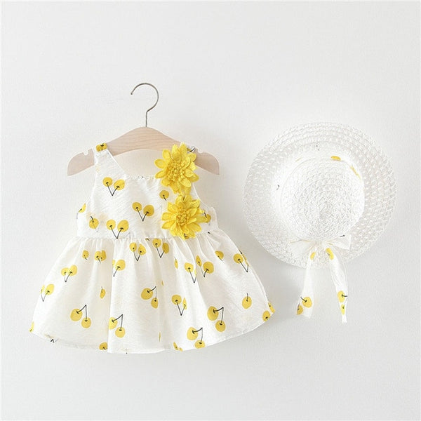 Floral Print Baby Girls Dress + Bow Hat 0-2 Years