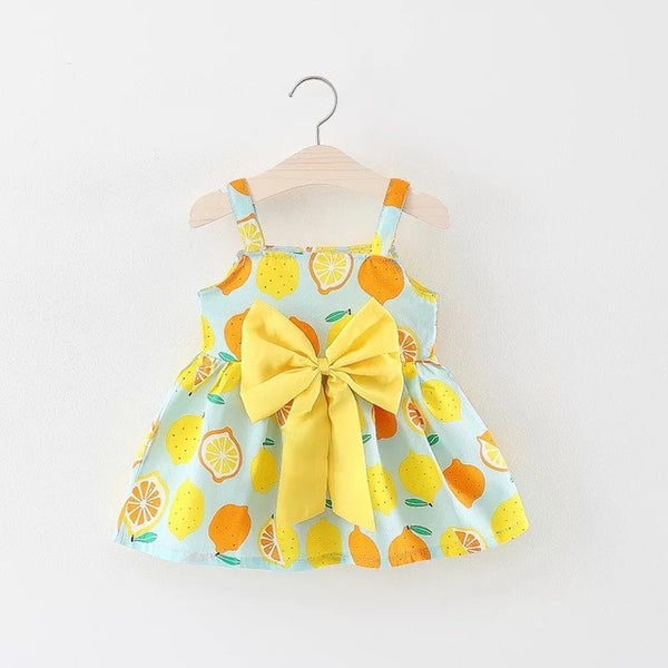 Bow Dot Lemon Print Baby Girls Dress 0-2 Years
