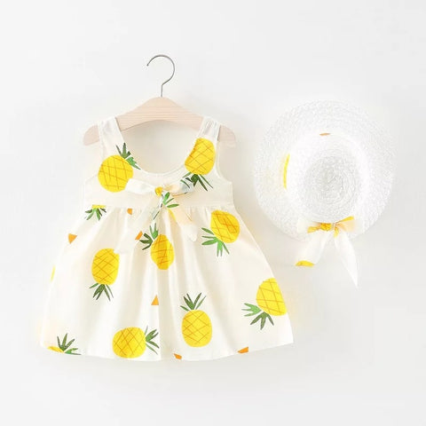 Pineapple Cherry Print Baby Girl Dress + Bow Hat 0-2 Years