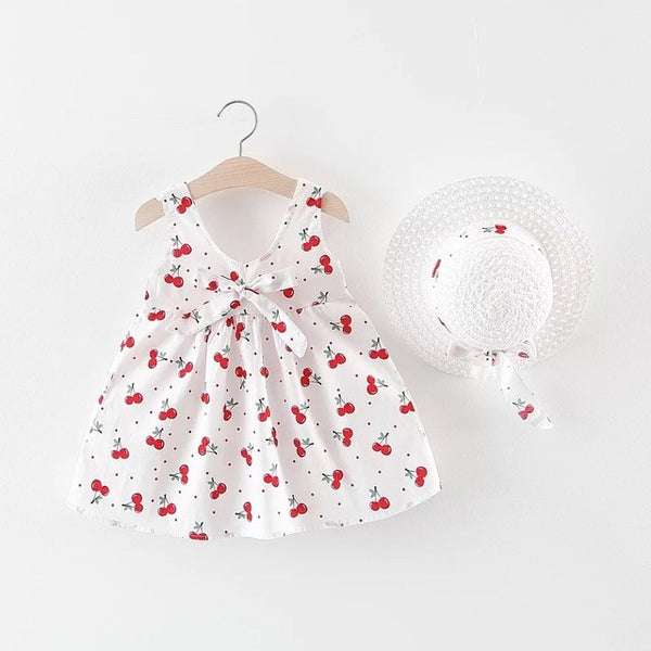 Pineapple Cherry Print Baby Girl Dress + Bow Hat 0-2 Years