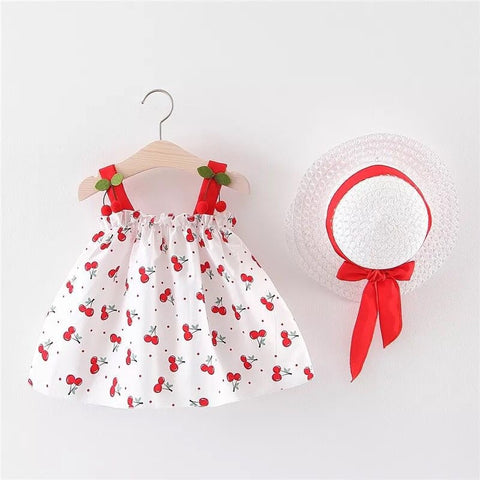 Cherry Print Baby Girl Dress + Hat 0-2 Years