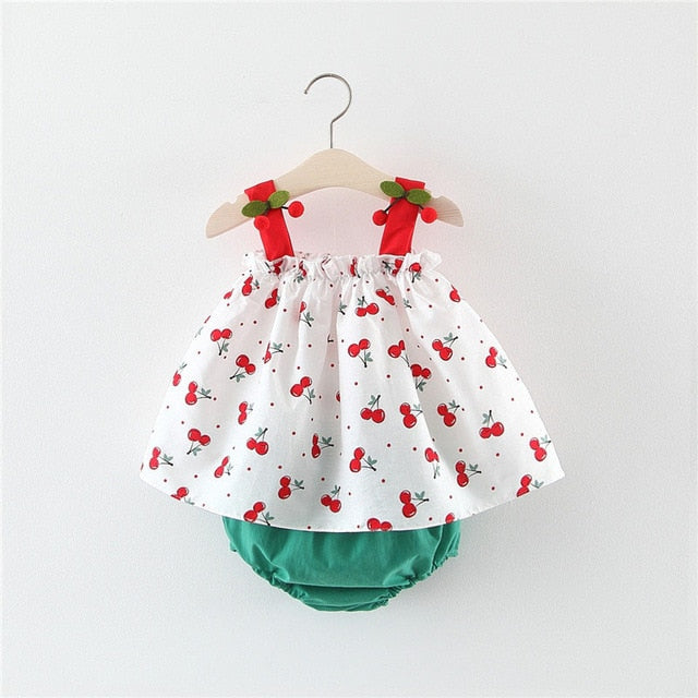 Cherry Print Baby Girl Dress + Hat 0-2 Years