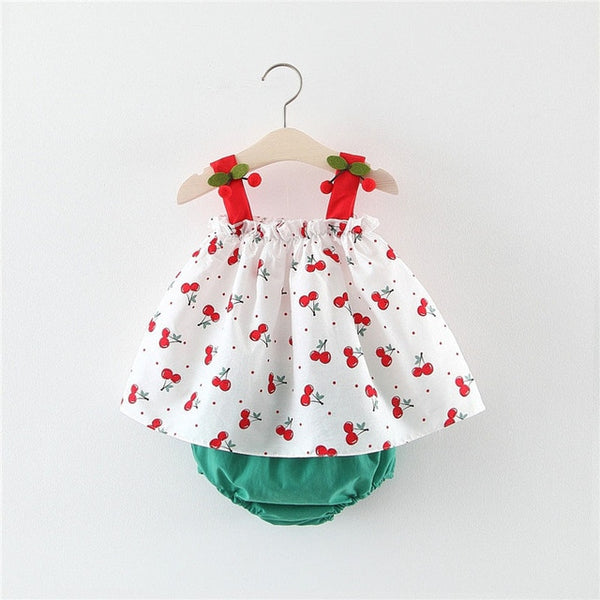 Cherry Print Baby Girl Dress + Hat 0-2 Years